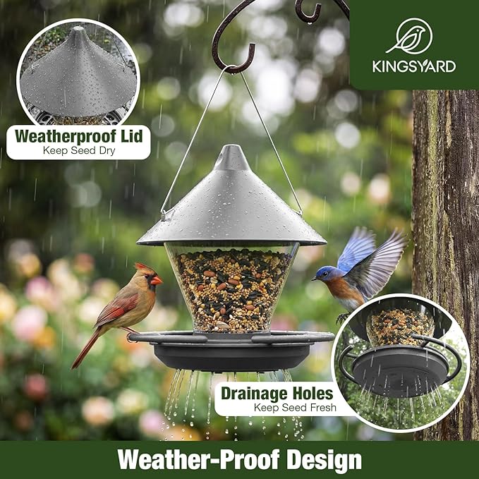 Kingsyard Wild Bird Feeder for Outdoors Hanging, No-Waste Tray with Seed Guard & Circular Perch, Garden Yard for Cardinal Finch, 4 lb Large Capacity, Grey