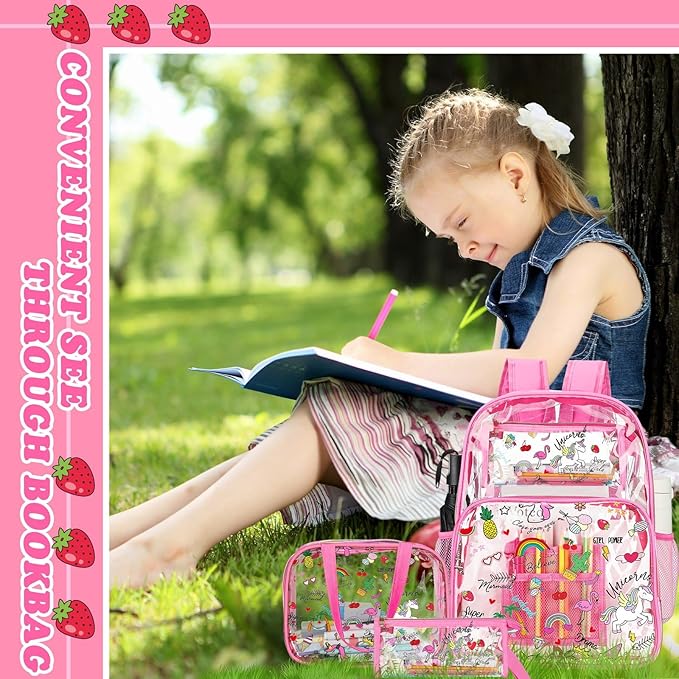 Kacctyen 3 Pcs Clear Backpack Heavy Duty Clear Stadium Bag Transparent Backpack with Lunch Bag(Hot Pink,Luau)