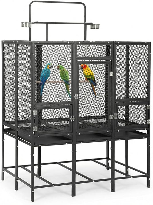 44" W X 65" H Massive Bird Cage with Playtop, Extra Wide Heavy Duty Carbon Steel Flight Cage, Rust-Proof Panoramic Aviary for Parrots Cockatiels, Strong Diamond Mesh, Indoor Outdoor