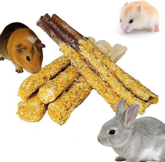 kathson 10Pcs Rabbit Chew Sticks,Natural Guinea Pig Chew Toys Apple Wood with Petals,Bunny Sweet Bamboo Molar Teeth Sticks,Small Animals Teeth Care Treats Stick for Hamster,Chinchilla,Gerbils