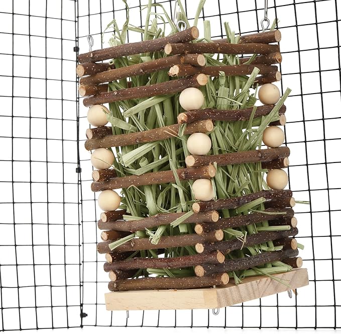 Eorbow Wood Rabbit Hay Feeder, 7" Hanging Grass Holder with 2 Hooks, Small Animals Feeding Hay Manager for Cage, Bunny Hay Feeder Rack for Chinchilla Guinea Pig Hamster Gerbil