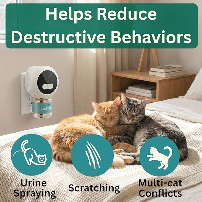 60-Day Cat Calming Diffuser Kit – 2-Pack | 2 Pheromone Diffuser + 2 Refills (48ml Each) | Reduces Anxiety, Spraying, Scratching & Meowing | Timer Modes to Extend Refill Life