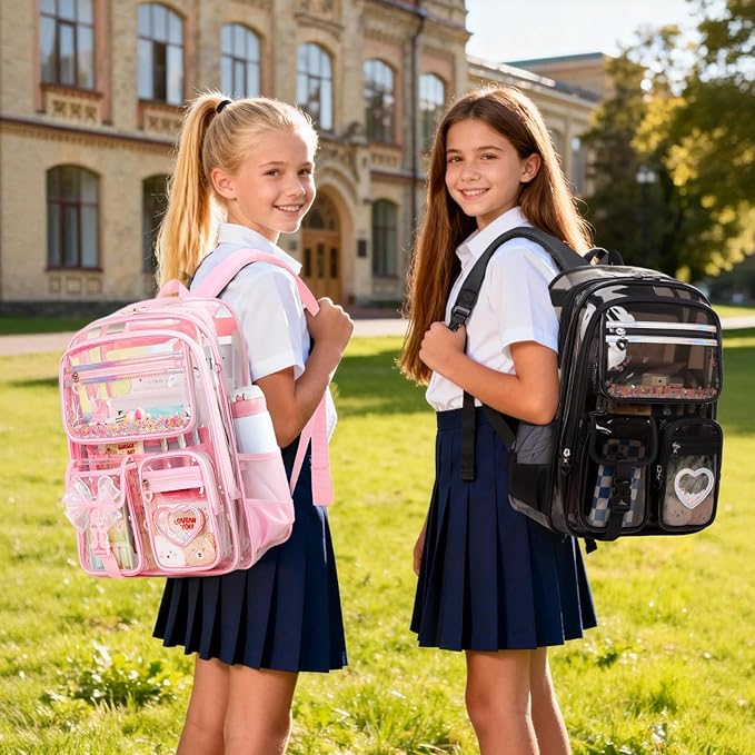 MOONBABY Clear Backpack for Girls, Clear Bookbag Heavy Duty Transparent Backpack for Stadium Events, See Through Back Pack for Kindergarten Elementary Middle High School, Semi Black