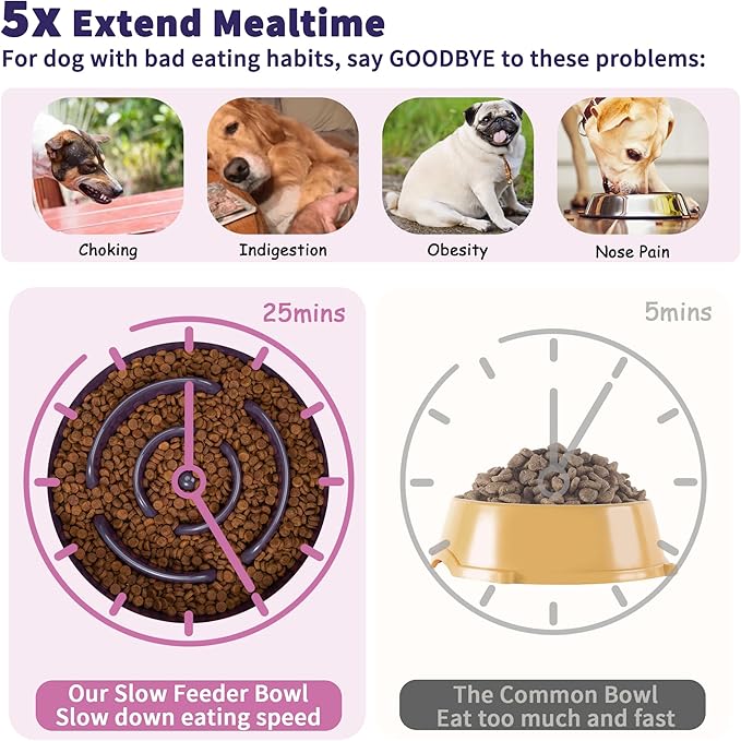 Elevated Slow Feeder Dog Bowl Large Breed, 8.8 Inch Ceramic Slow Eating Bowl with Bamboo Stand, Anti-Choking Raised Maze Design for Medium to Large Dogs, 3.2 Cup, Purple