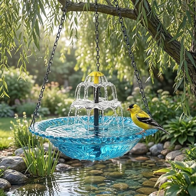Hanging Solar Bird Bath Fountain, Solar Powered Cascading Outdoor Water Fountain, Hanging Bird Bath with Flowing Water, Decorative Garden Yard Patio Bird Bath Fountain