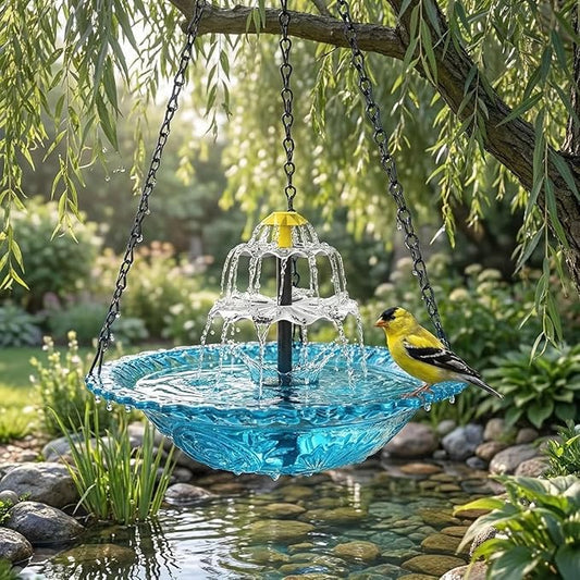 Hanging Solar Bird Bath Fountain, Solar Powered Cascading Outdoor Water Fountain, Hanging Bird Bath with Flowing Water, Decorative Garden Yard Patio Bird Bath Fountain