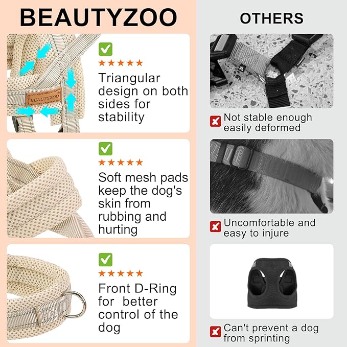 BEAUTYZOO Dog Harness for Large Dogs, No Pull Dog Harness and Leash Set, Soft Breathable Mesh Escape Proof Puppy Vest Harness with Handle, Reflective Lightweight Step in Harness for Girl Boy Dogs, L