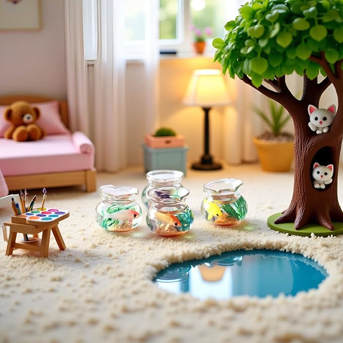 2Pcs Miniature Fish Tank Toy Mini Round Fish Bowls Resin Goldfish Grass for Dollhouse Desktop Craft Project Decor,Mini Fish Bowl,Dollhouse Accessories,Dollhouses Décor