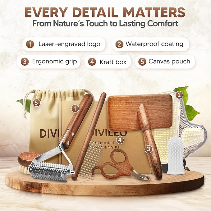 Premium Waterproof Pet Grooming Kit for Dogs & Cats – Wooden Handle Slicker Brush, Deshedding Comb & Nail Clipper – Professional Dog Grooming Supplies Set with Canvas Pouch | USA Brand