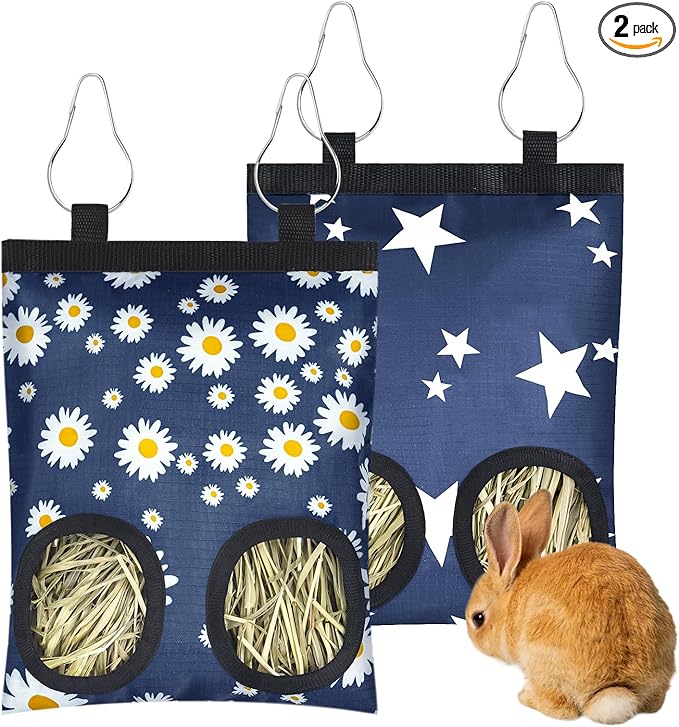 2 Pack Rabbits Hay Feeder Bag, 2 Holes Hanging Bunny Hay Feeder Guinea Pig Feeding Bag Storage Dispenser for Bunny Rabbits Chinchillas Hamsters Small Pets and Animals