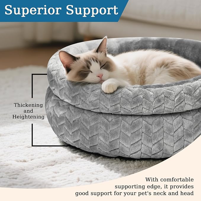 Dual-Layer Donut Cat Bed - Fluffy Round Bed for Small Pets - Ultra-Soft Cat Donut Bed for Cozy Sleep (Grey, 16 * 16 * 5.5 inch / 40 * 40 * 14 cm)