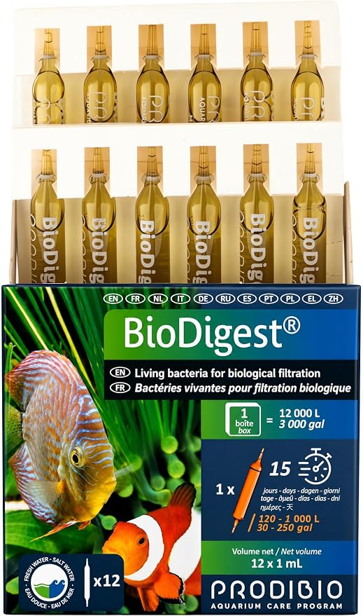 Prodibio Bio Digest, Nitrifying Bacteria, 12/1 mL Vials, for 50 Gallons+ | Fresh and Salt Water, 1 vial up to 50 gal/15 days