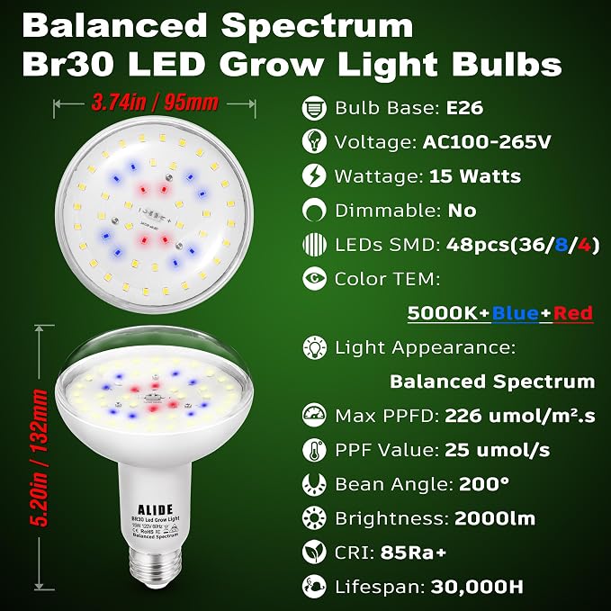 Full Spectrum Led Indoor Plant Grow Light Bulbs 15W 2000lm E26 BR30 | Floodlight Sun Plant Growing Lamp,200 Watt Equival,Balanced 5000K Red Blue for Seeds Greens,Indore Garden, Hydroponic,2pcs