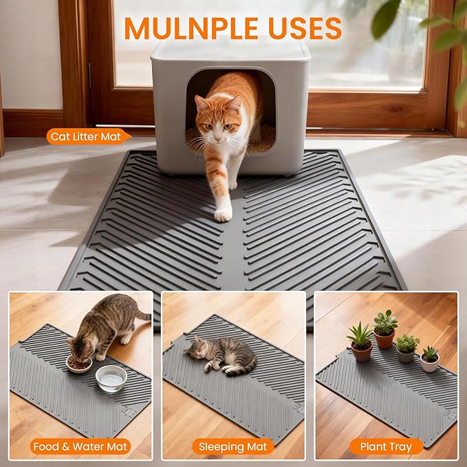 Cat Litter Box Mat, 34" x 22" Large Silicone Waterproof Litter Trapping Mat for Scatter Control, Non-Slip, Easy to Clean, Soft on Kitty Paws