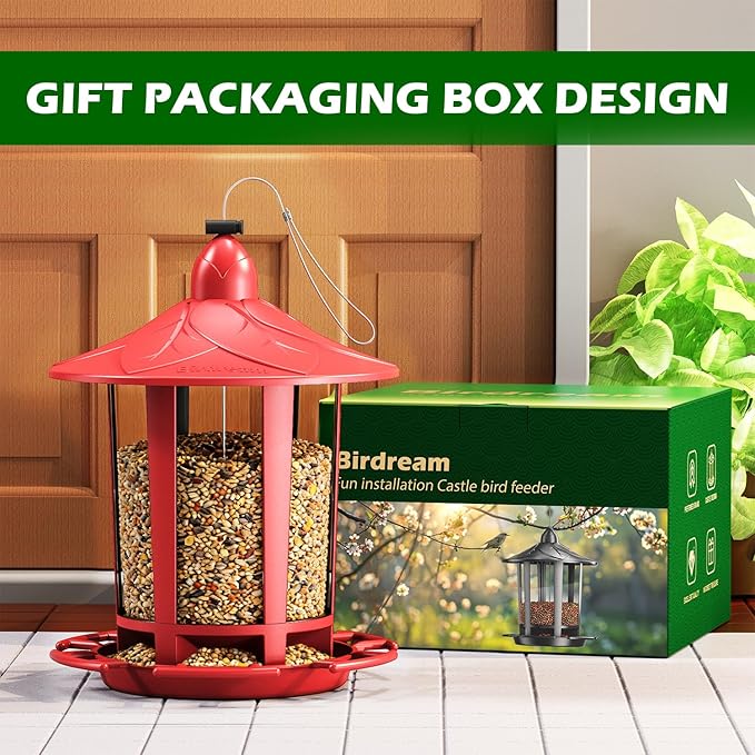 Birdream 2 Pack Bird Feeders for Outdoor Hanging, Assembly Required, 1-Min Easy Setup, Charming Castle Design, Attracting Cardinals Chickadees Goldfinches & Sparrows - Red