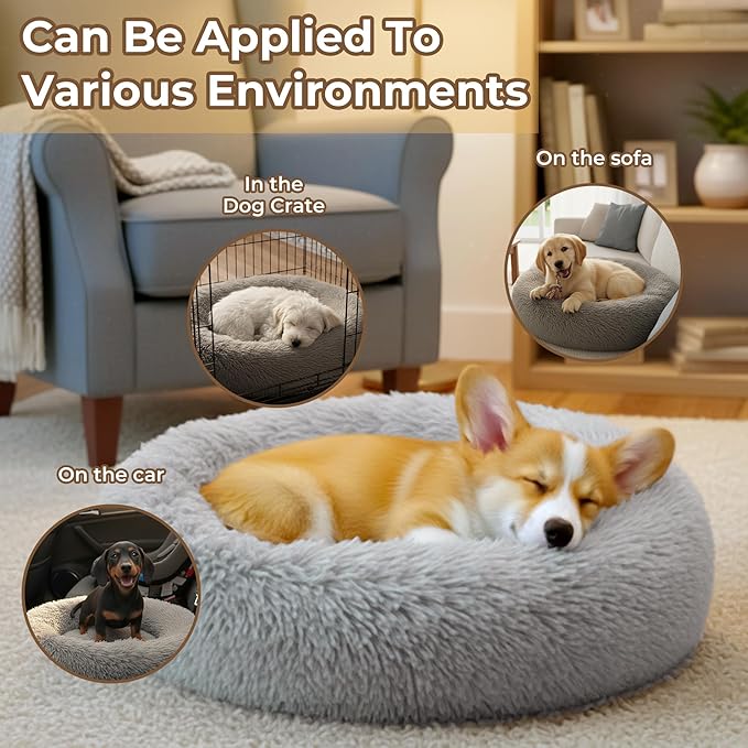 Calming Extra Large Donut Dog Bed, Round Soft Fluffy Plush Faux Fur Anti-Anxiety Washable Anti-Slip Pet Bed for Large Size Dog and Cat 32in Gray