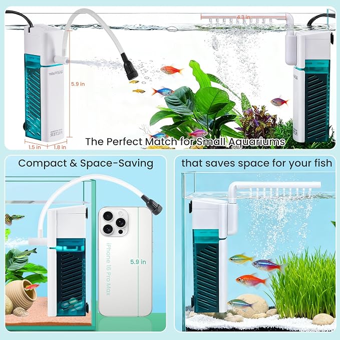 Small Fish Tank Filter, Aquarium Filter，Aquarium Internal Filter | Ideal for 10-20 gal fish tanks, 5W 110GPH with two modes. Works in fresh & saltwater.