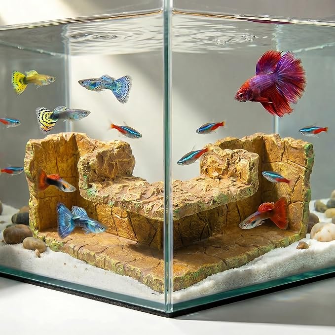 Aquarium Cave - Natural Resin Rock-Like Fish Tank Decorations & Accessories, 5.1” x 2” x 2.7” Safe Betta Hide & Tunnel for Guppy, Neon Tetra, Corydoras Catfish - Tank Decor