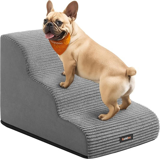 Feandrea 3-Step Dog Stairs, Dog Steps for Bed, Sofa, Waterproof Pet Stairs with Anti-Slip Designs, Gentle Slope, Removable Washable Cover, Handle, Dove Gray UPPS003G01