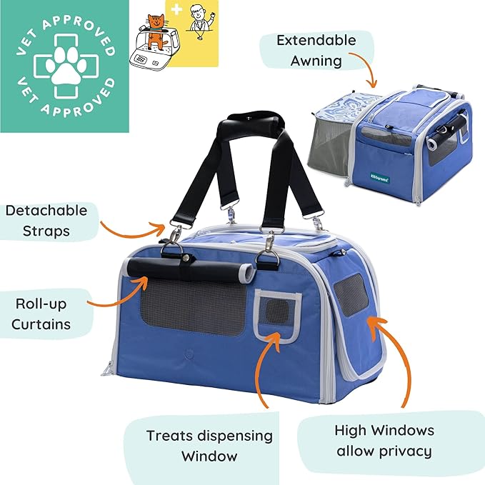 Kittyrama Soft-Sided Airline Approved Cat Carrier with Expandable Hideaway | Escape-Proof SBS Self-Locking Zippers | 22 lb Capacity | Vet Approved | Top & Side Entry | 17×11×11 in