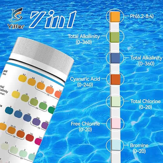175-Count 7-Way Pool Test Strips,Water Chem Test Hot Tub Spa | Test Bromine,Total Alkalinity,pH,Free Chlorine,Total Hardness,Cyanuric Acid,and Total Chlorine