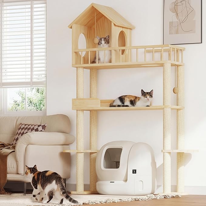 Wood Cat Tower for Automatic Litter Box, 60"H Cat Tree with Scratching Post, Multi-Level Solid Wood Cat Tree for Indoor Large Cats, Tall Cats Scratching Post Furniture w/Cats House, Burlywood