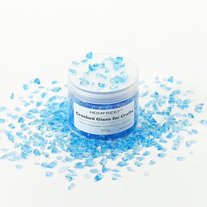 Sea Blue Irregular Broken Glass Chips, 3-6mm Crystals for Resin Craft, Vase Fish Tank, Candle Base Filling Stone, Garden Floor Wall Decoration (200g)