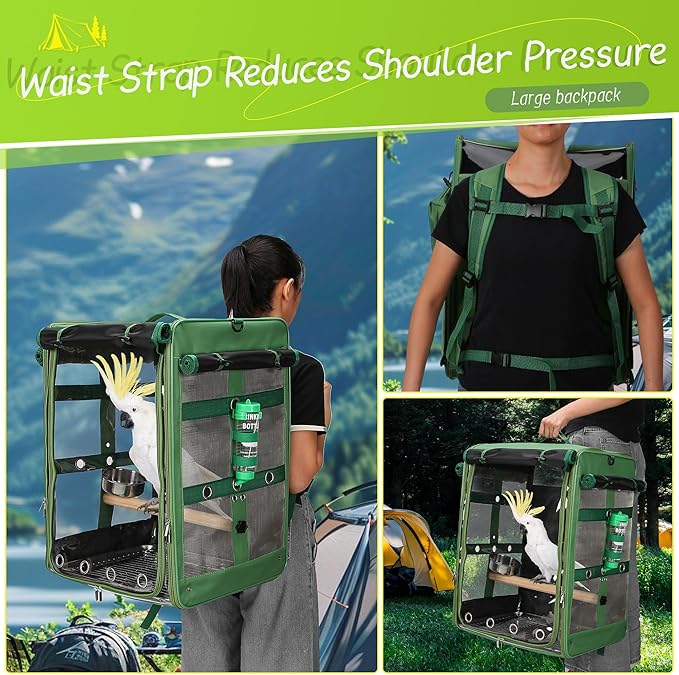 Bird Carrier Travel Cage, Cockatoo Carrier, Parrot Travel Backpack with Unbreakable Stainless Steel Mesh, Perch, Water Bottle and Food Bowl, X-Large Green