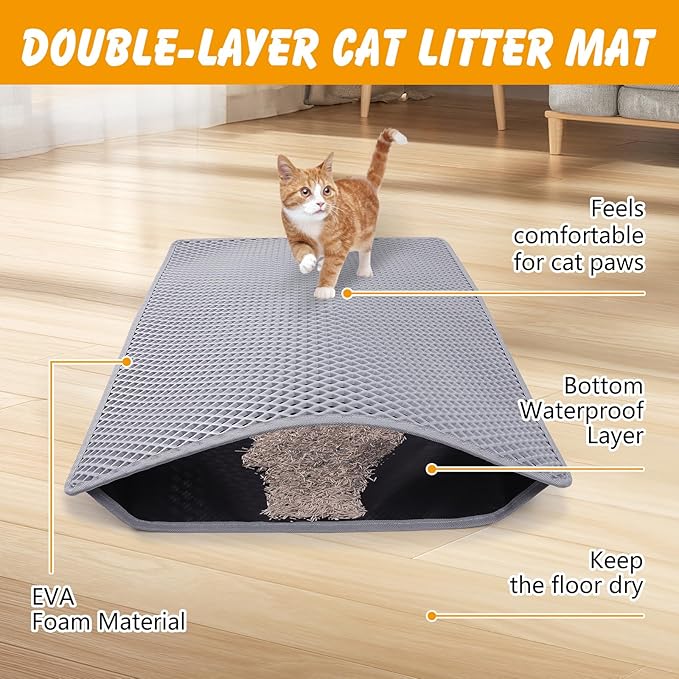 Double Layer Cat Litter Mat, 30x24 Inch Waterproof Litters Box Mat, Non-Slip Cat Mat for Litter Box