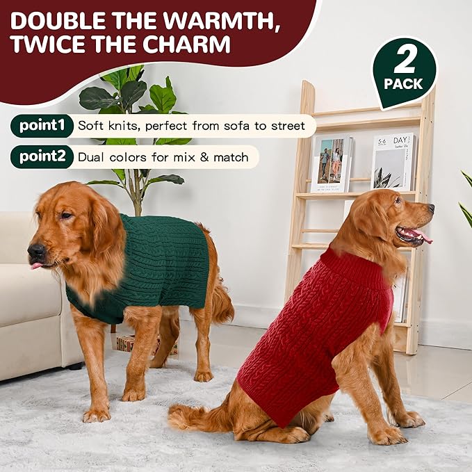2 Pack Dog Sweaters for Large Dogs Winter Turtleneck Pullover Cable Knit Fleece Stretch Pitbull Labrador Golden Retriever Doberman Bulldog Boy Girl Pet Clothes (XL, Red & Green)