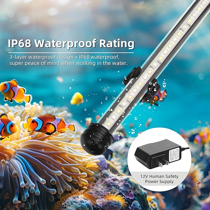 LED Submersible Aquarium Light 8W Underwater Fish Tank Light with Blue White&Blue and White Three Light Modes Timer Automatic On/Off and Dimmer Brightness Adjustable (15inch)