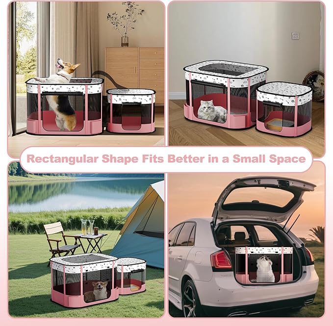 Portable Cat Playpen, 8-Rod Reinforced Kitten Dog Playpens, Foldable Play Pen for Indoor Cats Enclosed Pet Puppy Doggy Outdoor, Collapsible Tent Kennel Cage, Pink