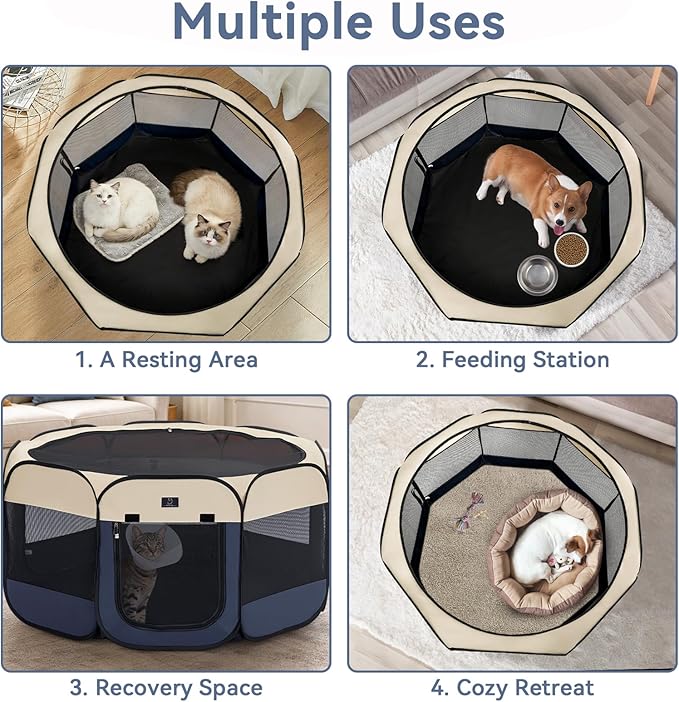 Dog Playpen for Small Dogs & Puppies, 50.39" Portable Indoor Outdoor Puppy Playpen with Bowl, Waterproof Floor, Foldable Pop-Up Pet Pen for Home, Travel & Daily Use, Blue+Beige