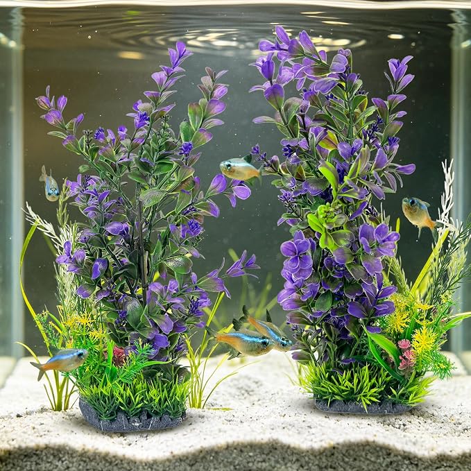 kathson 2Pcs Plastic Aquarium Plants 12.6 Inch Artificial Fish Tank Plants Large Aquarium Decorations Fake Seaweed Tall Fish Tank Decorations (Purple)