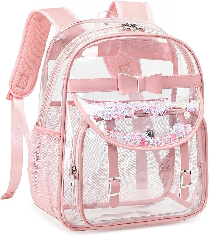 Clear Backpack for School,Heavy Duty PVC Transparent Bookbag for Girls Women Stadium Approved See Through Backpacks Kids Elementary Laptop Bags for Teens,Sports,Students,Work,Travel Pink