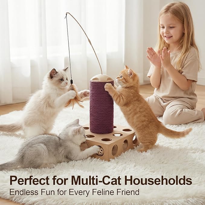Cat Scratching Board 3 in 1 with Scratching Post, Rotating Teaser Wand & Bell Ball, Cat Nail File Enrichment Box for Indoor Cats Kitten, Interactive Cat Toys for Boredom Relief