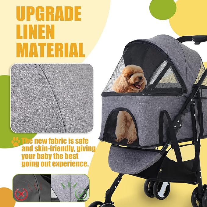 Dog Stroller Cat Stroller Pet stoller 3-in-1 Folding Dog Stroller for Small Medium Dogs Cats with Detachable Carrier Storage Basket Waterproof Lightweight for Travel,Grey