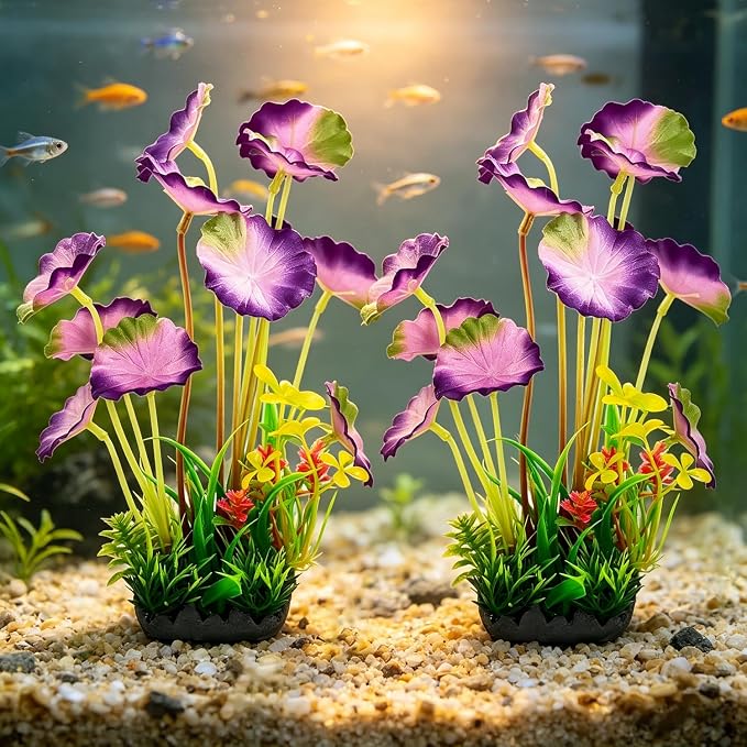 Silk Aquarium Plants 2-Pack 9.1 Inches(Purple) | Soft non-toxic silk, realistic and fade-resistant, weighted base, easy installation, for tanks.