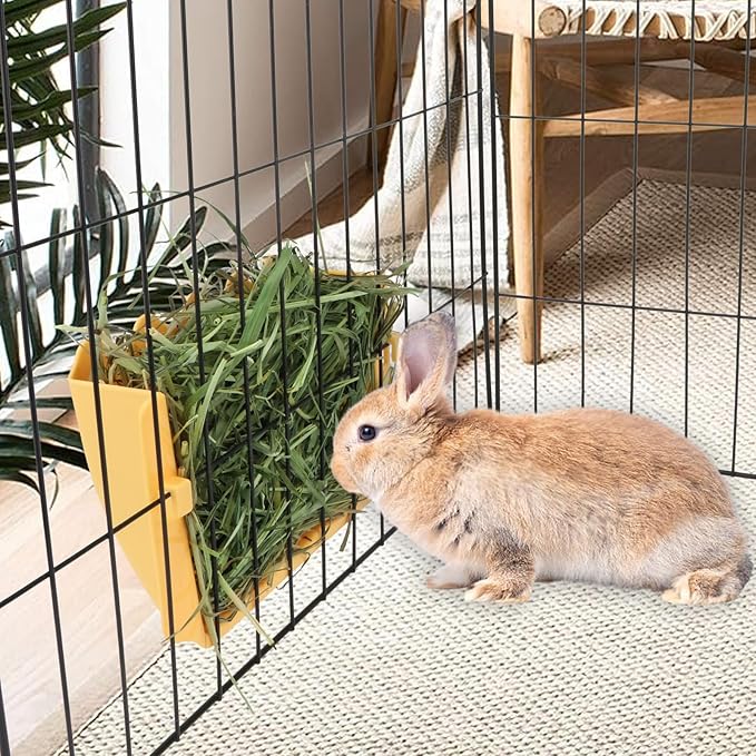 Hypeety Rabbit Hay Feeder Guinea Pig Hay Feeder Plastic Bunny Hay Feeder Automatic Hay Feeder Cage Accessories for Bunny Rabbit Guinea Pig Chinchillas Small Animals (Yellow)