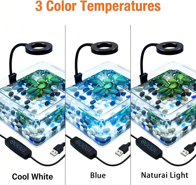Small Aquarium Light Clip on Fish Tank Light LED USB Full Spectrum Light with Dimmer Multi-Color White+Blue+Red for 1-5 Gal Betta Tank (Adapter NoT Included, No Timer)