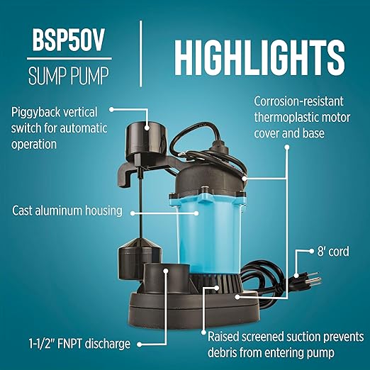 Little Giant BSP50V 1/2 HP, 115 Volt, 3180 GPH Automatic Submersible Epoxy Coated Cast Aluminum Sump Pump with Piggy-back Vertical Switch and 8-Ft. Cord, Blue, 511251