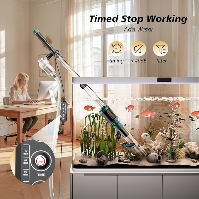 AKKEE Aquarium Vacuum Gravel Cleaner, 36W Electric Fish Tank Cleaner Vacuum, 8 in 1 Multifunctional Aquarium Cleaner for Automatic Water Change, Wash Sand, Water Circulation and Timed Off