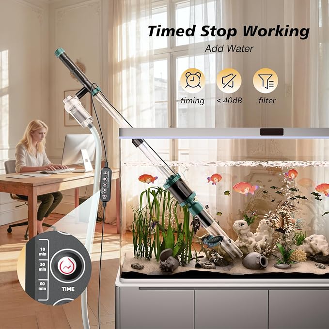 AKKEE Aquarium Vacuum Gravel Cleaner, 36W Electric Fish Tank Cleaner Vacuum, 8 in 1 Multifunctional Aquarium Cleaner for Automatic Water Change, Wash Sand, Water Circulation and Timed Off