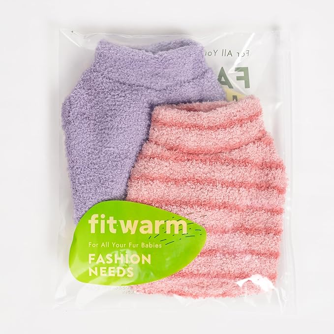 Fitwarm 2 Pack Striped Fleece Dog Sweater, Warm Winter Clothes for Small Dogs Boy Girl, Fuzzy Pet Outfit, Pink, Lavender Purple, Large