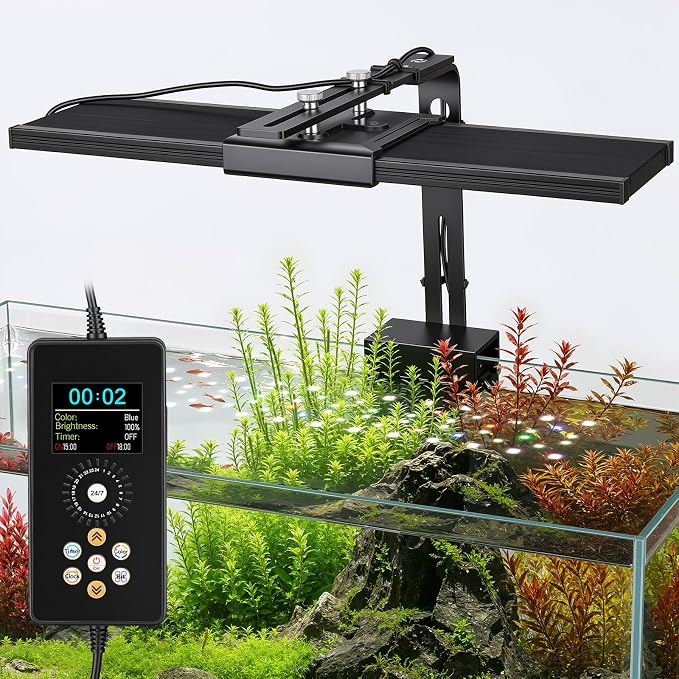 fishkeeper Clip on Aquarium Light for Plants, 6 Row LED Brightness, 18W | 12-18in Full Spectrum Fish Tank Light with 24/7 Natural Mode, DIY Mode, Adjustable Height/Front-to-Back Aquarium Light Riser