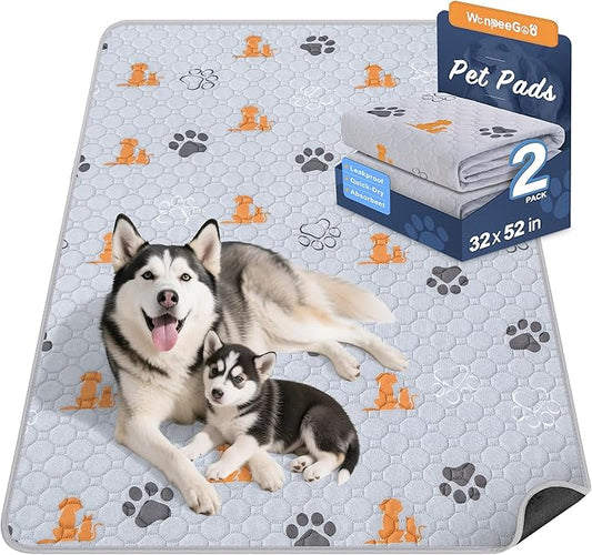 WanpeeGoo Washable Pee Pads for Dogs, 2 Pack Absorbent Reusable Training Dog Pads Pet Puppy Pads, Non-Slip Potty Pads for Whelping, Playpen, Crate, Bed, Orange, 32"x52"