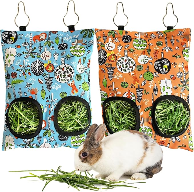 Rabbit Hay Feeder Bag, Guinea Pig Hay Feeder for Cage Small Animal Hanging Feeding Bags Rabbit Hay Dispenser Storage for Rabbits Guinea Pigs Bunnies Chinchillas (Orange,Light Blue, 2 Hole)