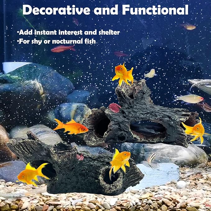 Tfwadmx 2 Pcs Decaying Trunk Aquarium, Betta Fish Ornament, Freshwater Ornament - Small Resin Aquarium Decoration Log, 20 Gallon Fish Tank Wood with Holes & Aquarium Hideout Caves