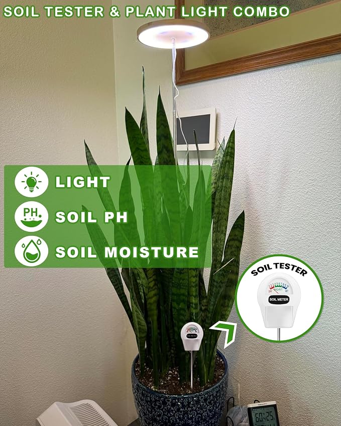 Plant Grow Light, LED Growing Light Full Spectrum for Indoor Plants, Paired with a Soil Tester,Height Adjustable, Automatic Timer, 5V Low Safe Voltage,Idea for Large Plant Light