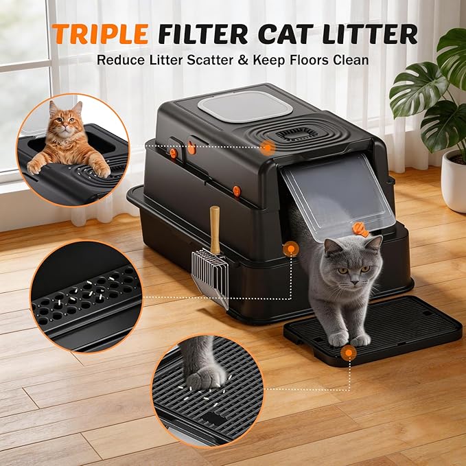 Stainless Steel Litter Box with Lid: XL Extra Large Cat Litter Box for Big Cats, Enclosed Kitty Litter Boxes with Drawer, High Sided Metal Cat Box with Scoop, Front & Top Entry, Odor Free, Non-Stick